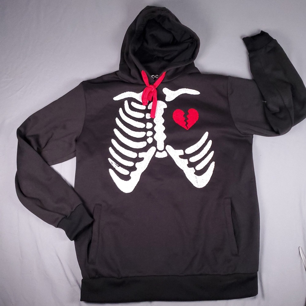Rebel Vengeance Hoodie Mens Large Black Skeleton Rib Cage Broken Heart